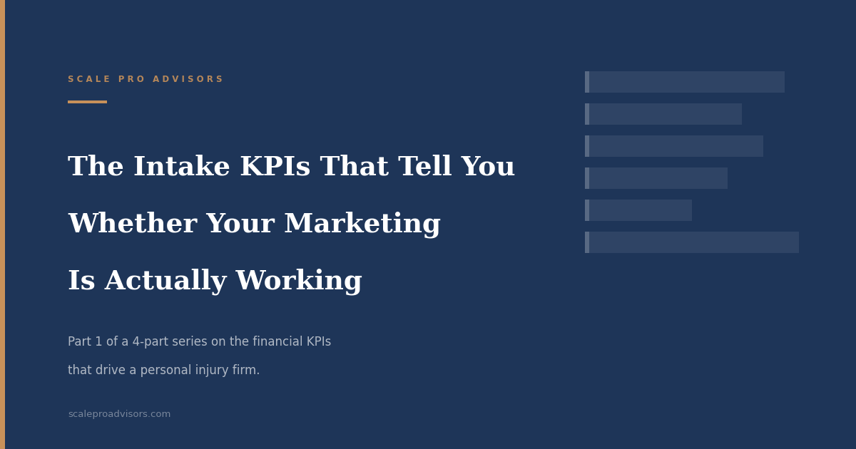 Personal injury firm marketing KPIs monthly intake scorecard with illustrative data